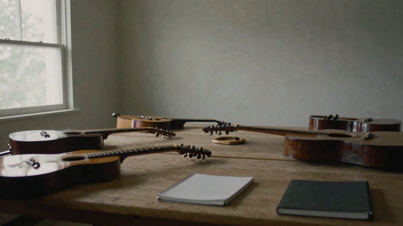 Editorial music photography of an unpopulated worktable with acoustic instruments and notebooks, soft directional daylig