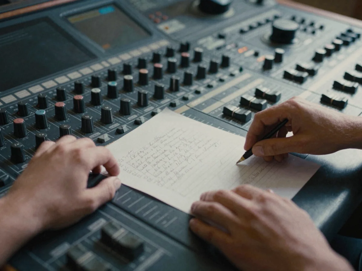 Editorial documentary photograph of two sets of hands working over a sound desk and a handwritten score in soft directio