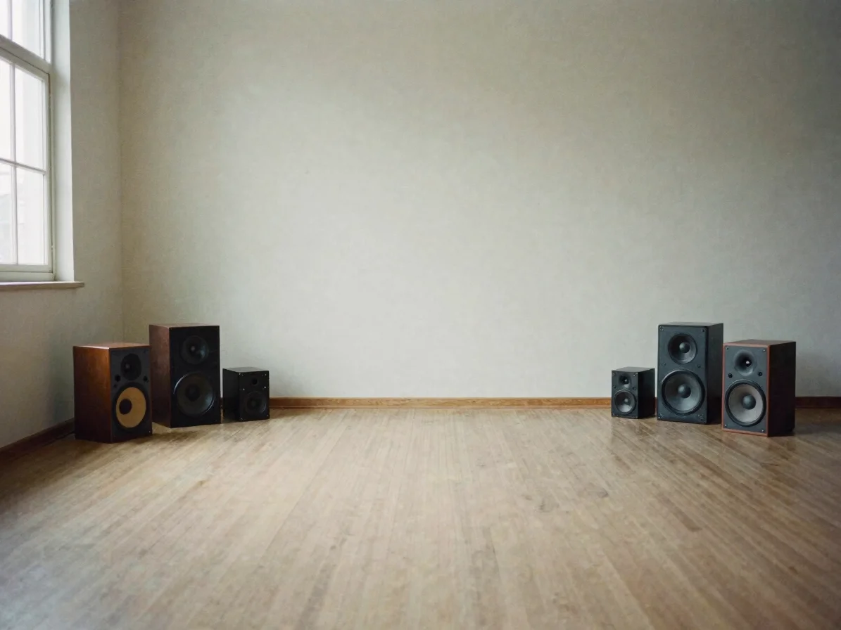 Quiet empty room with a loose arrangement of speakers on the floor and pale wall, soft natural window light, considered