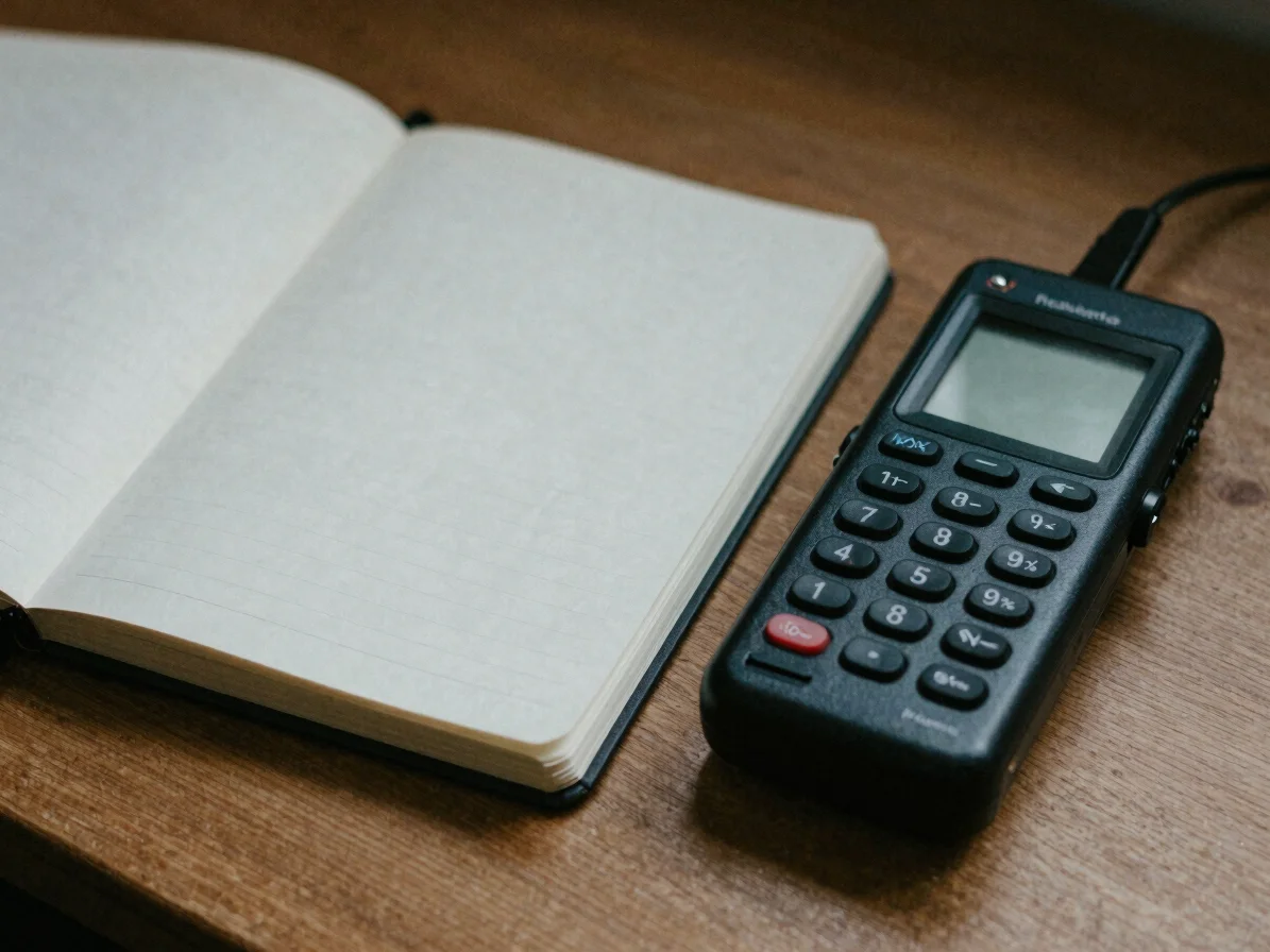 Detail of a notebook open beside a small field recorder on a wooden surface, soft directional natural light, intimate fr
