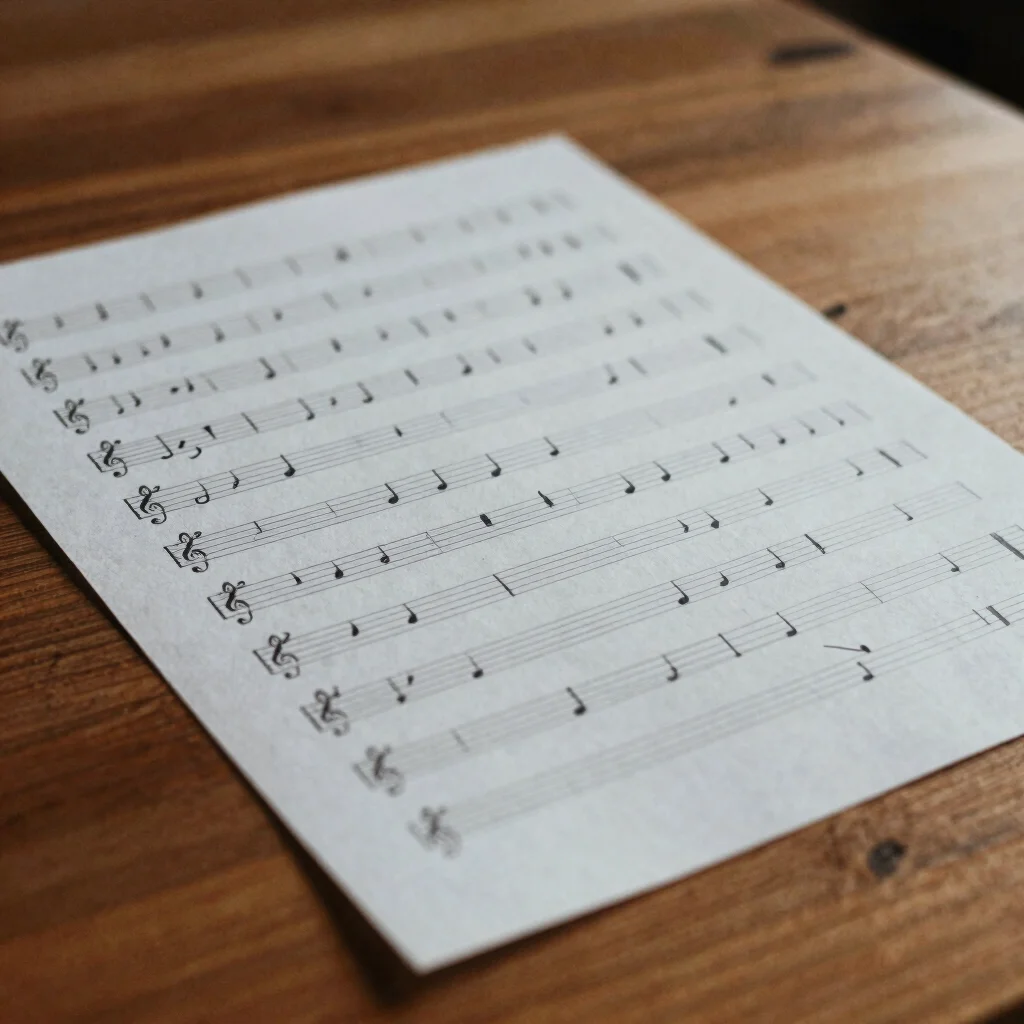 Close detail of a handwritten score page resting on a wooden tabl