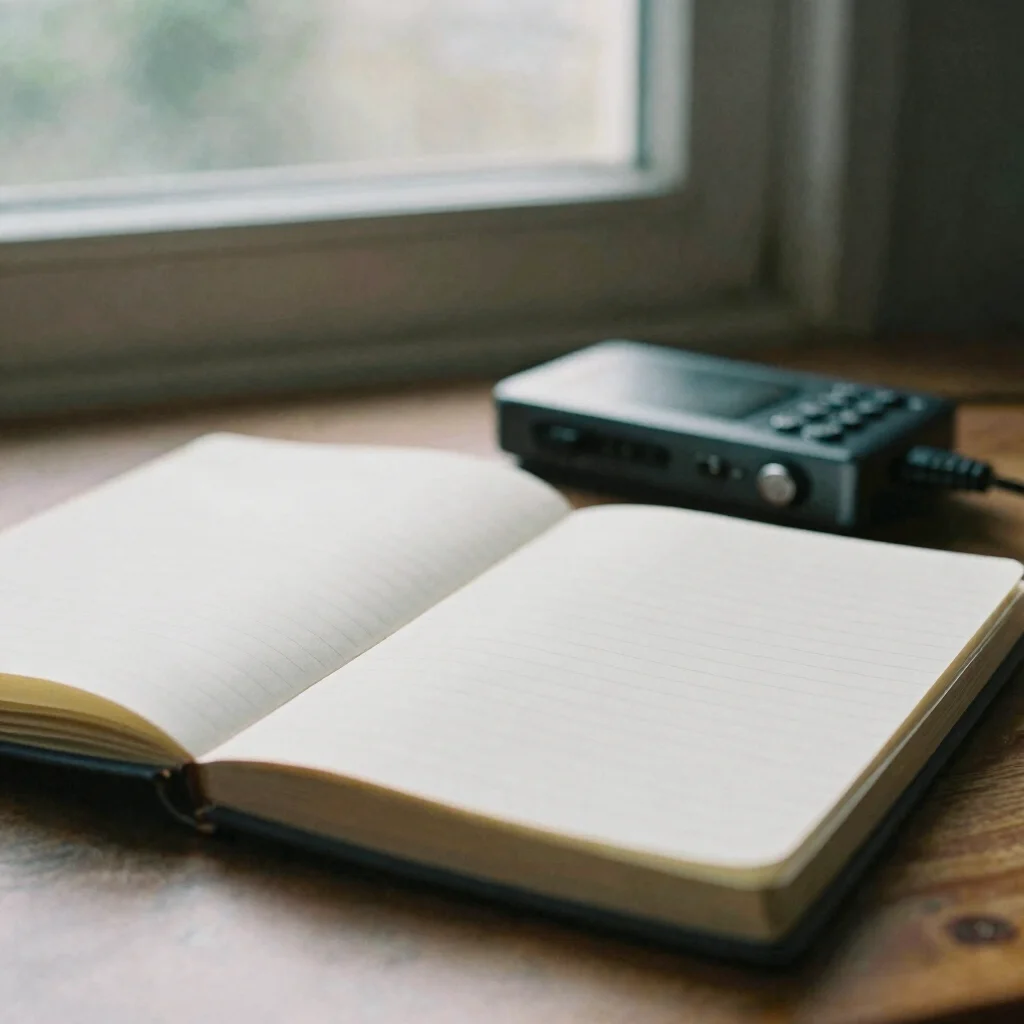 Soft-focus detail of an open notebook beside a small recording de